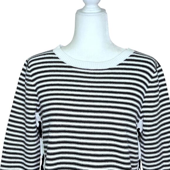 Cupio Black White Textured Stripe Long Sleeve Pullover Sweater Lace Up Sides - Picture 2 of 7